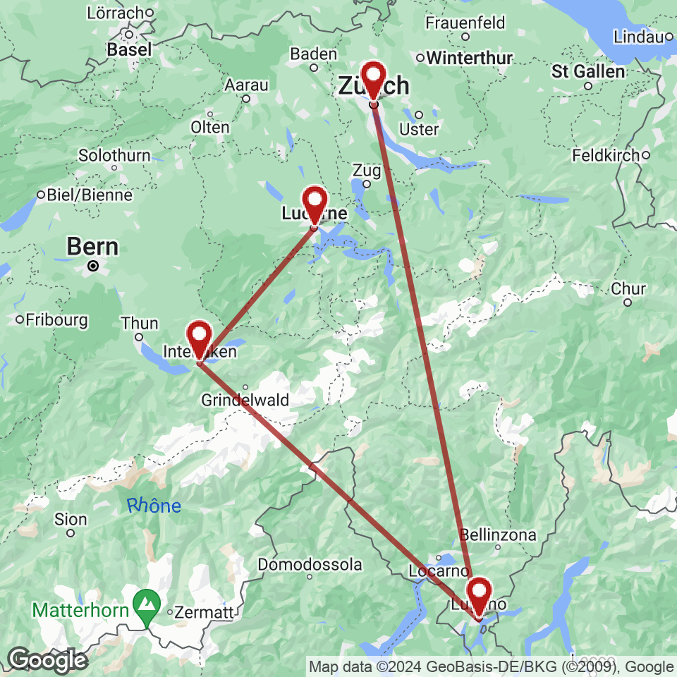 Route for Lucerne, Interlaken, Lugano, Zurich tour